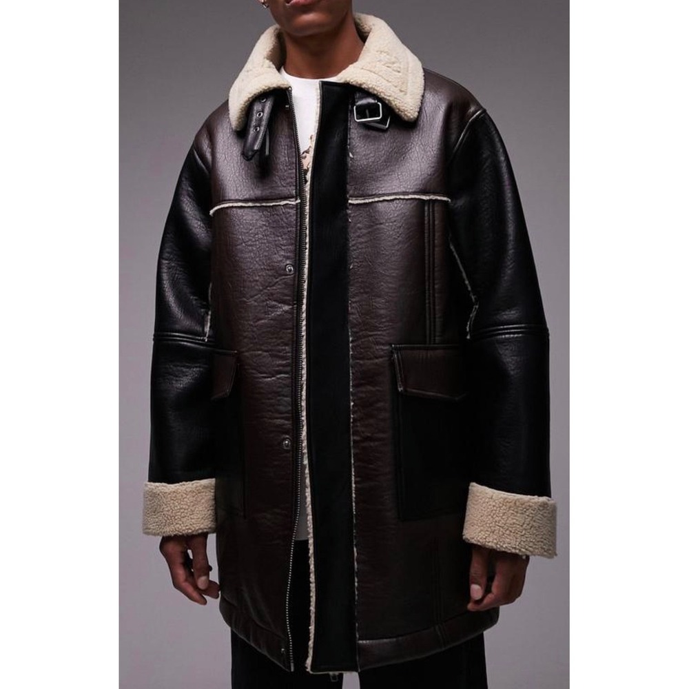 Topman Mens Brown Black Faux Leather Shearling Aviator Jacket Car Coat Large NEW